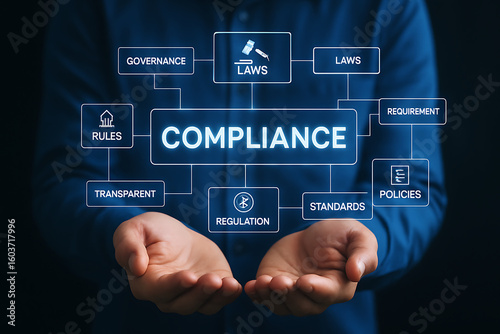 Compliance rules law regulation policy business. Businessman hold virtual compliance icons for enforcement of laws, regulations.new Technical