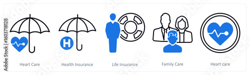 A set of 5 mix icons as heart care, health insurance, life insurance