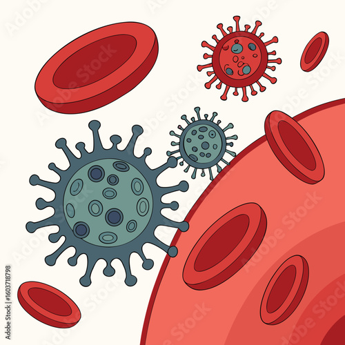 Microscopic view of virus cells spreading in the bloodstream generated by ai