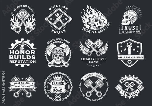 Industrial emblem set with skull, piston, wrench, flames, and bold typography featuring themes of honor, trust, loyalty, strength, and grit for mechanic branding