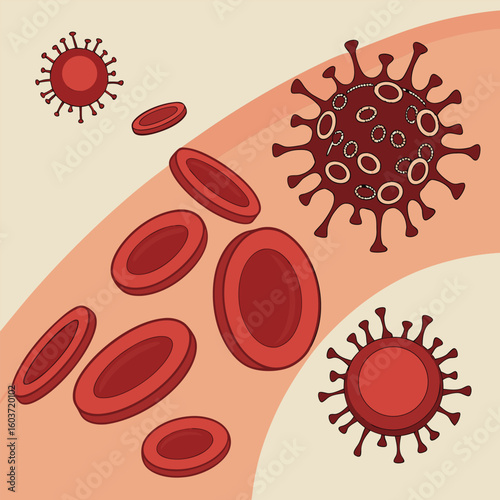 Microscopic view of virus cells spreading in the bloodstream generated by ai