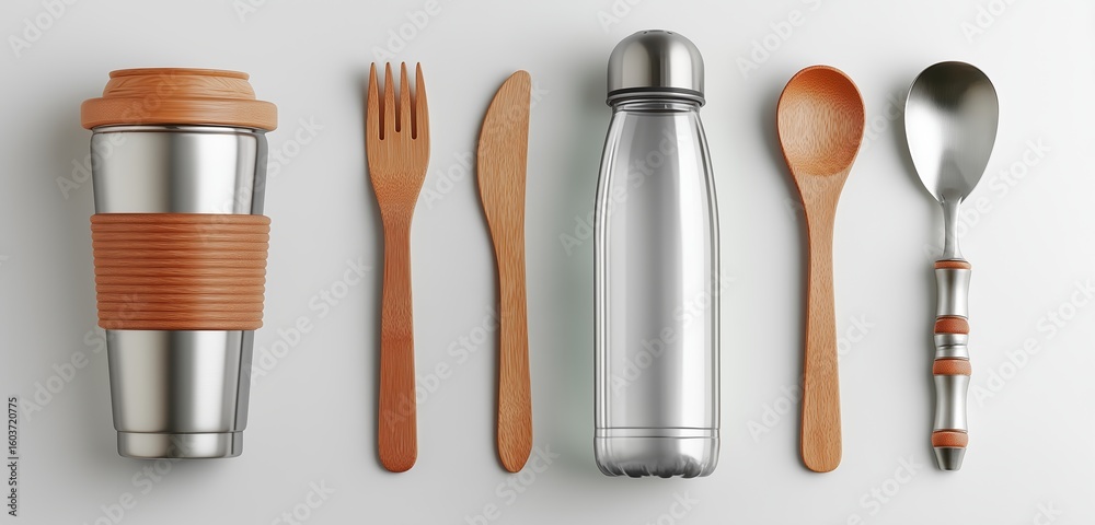 Fototapeta premium Set of eco-friendly utensils and reusable bottles on white background