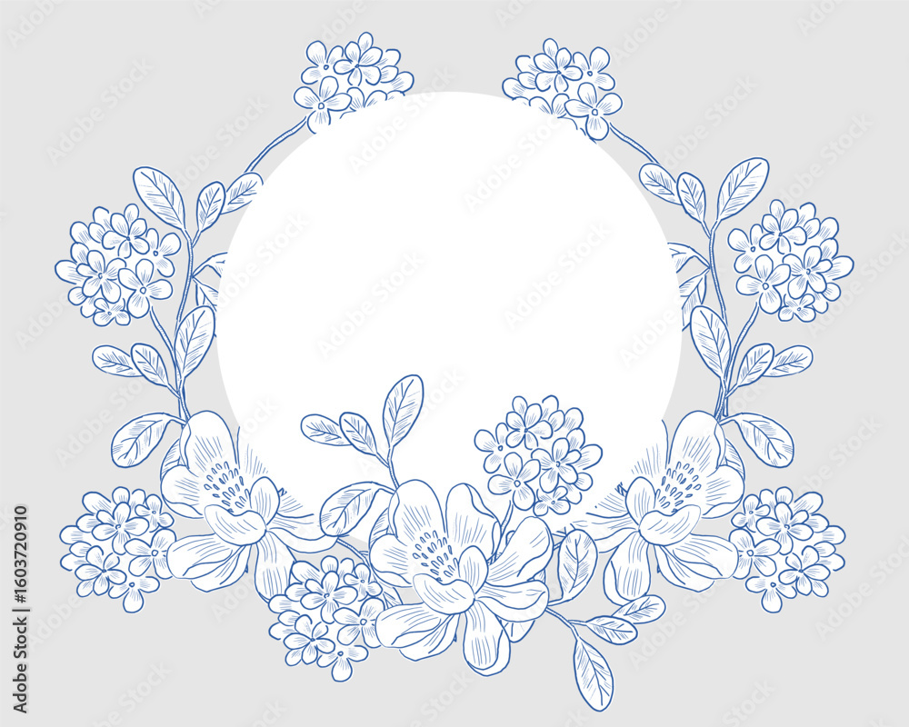 Naklejka premium Hand Drawn Rose and Hydrangea Wreath
