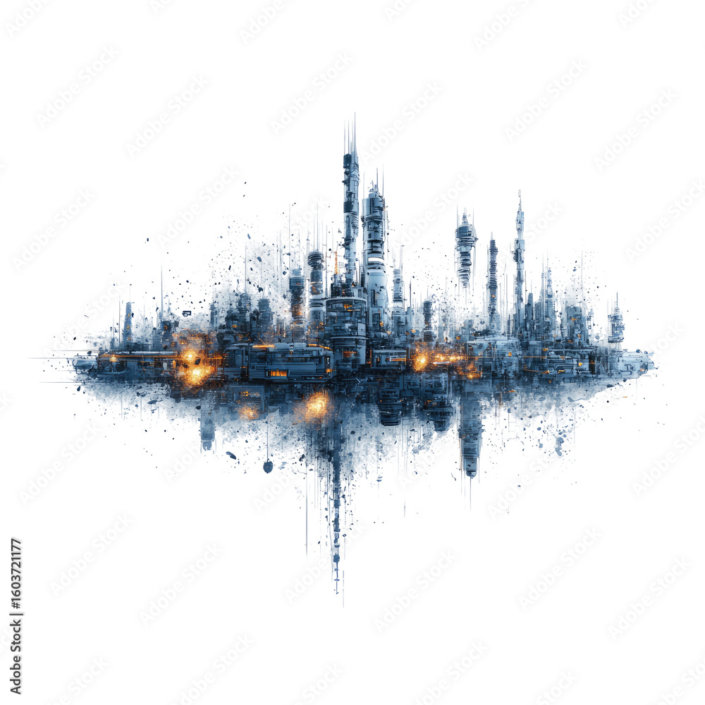 Fototapeta premium Floating city silhouette, stylized with abstract, textured, snowy overlay