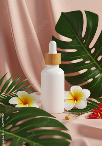 White serum bottle surrounded by tropical foliage on a blush-pink background