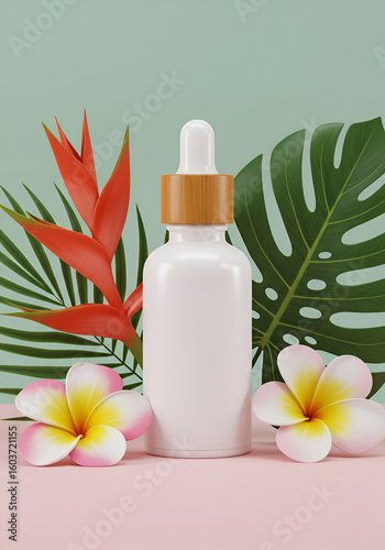 White serum bottle surrounded by tropical plants on a pink background