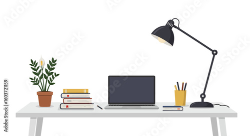 A Simple Organized Workspace with Books Laptop and Lamp.