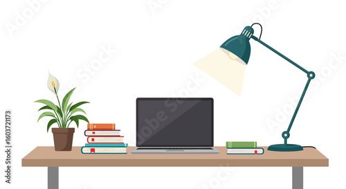 A Simple Workspace Scene with Laptop Books Lamp and Plant.