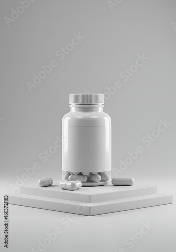 White supplement bottle on a podium