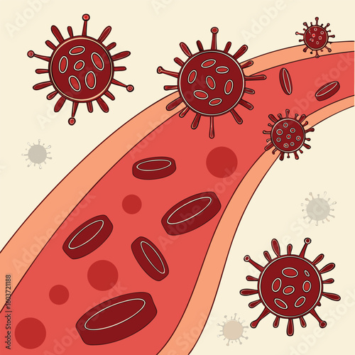 Microscopic view of virus cells spreading in the bloodstream generated by ai