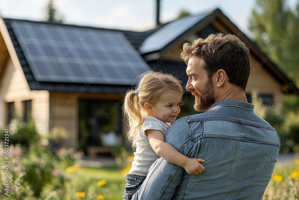 Fototapeta premium Rear view of father holding young daughter, showing solar-panel-equipped home, promoting sustainable energy solutions for future generations, Generative AI