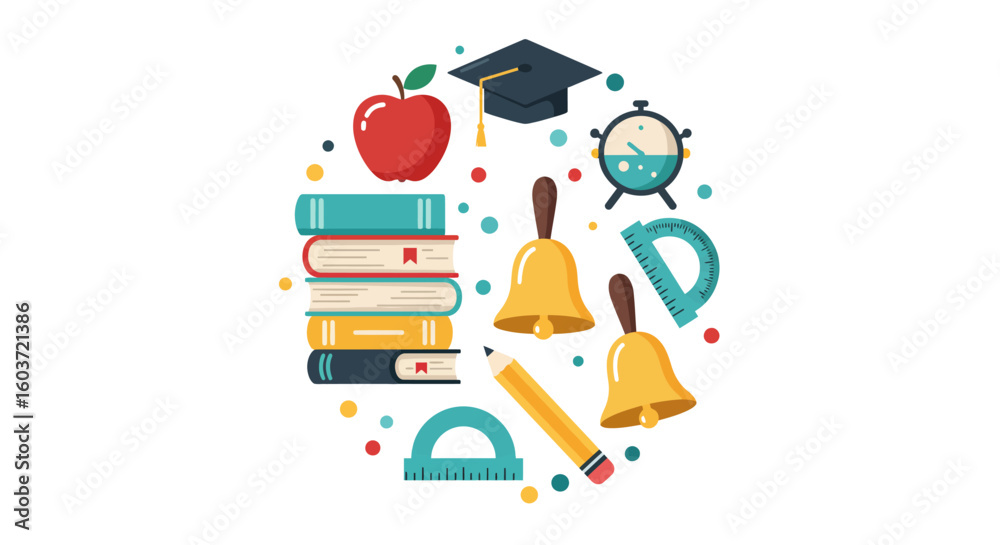 Naklejka premium Colorful School Supplies and Academic Symbols Arranged in a Circle.