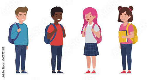 Diverse group of students with backpacks and books ready for school.