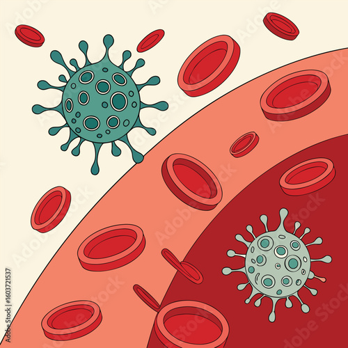 Microscopic view of virus cells spreading in the bloodstream generated by ai