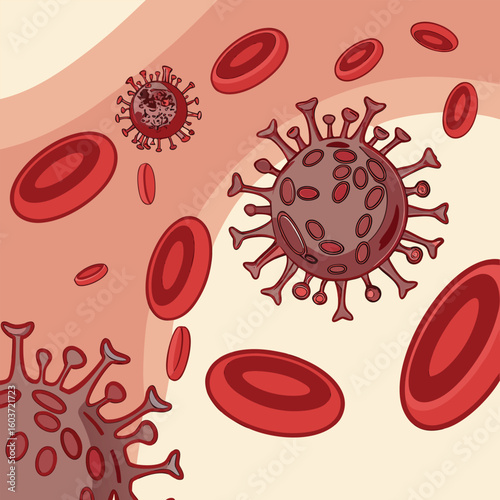 Microscopic view of virus cells spreading in the bloodstream generated by ai