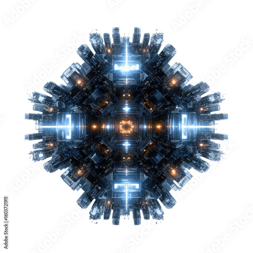 Symmetrical, futuristic, crystalline,  machine-like design