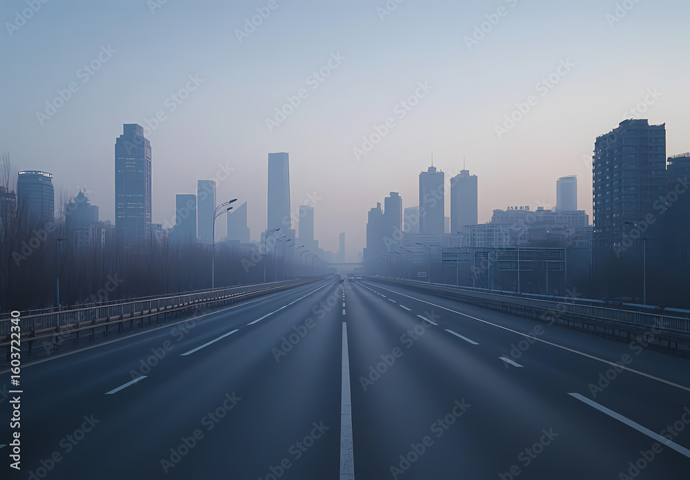 Fototapeta premium Empty Highway Leading to a Misty Cityscape