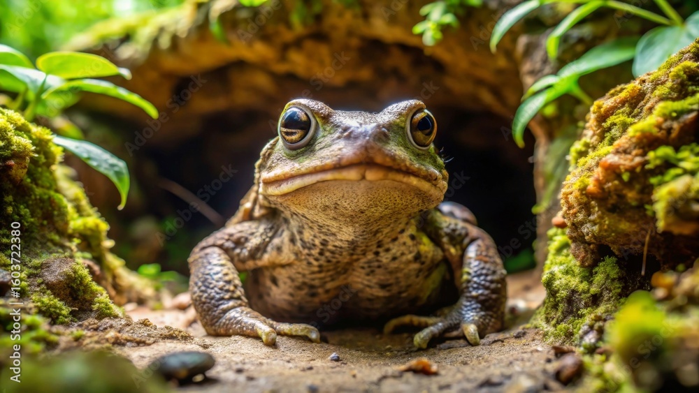 A large amphibian, possibly a toad, emerges from a mossy crevice, its powerful physique and striking eyes captivating the viewer in a detailed close-up shot. A large amphibian, possibly a toad, emerges from a mossy crevice, its powerful physique and striking eyes captivating the viewer in a detailed close-up shot.
