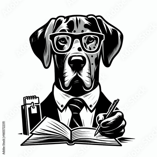 Great Dane Dog wear glasses writing notebook. Retro Cartoon Clipart Silhouette Stock Vector Line Art Illustration. Huge hound with frame holding journal doing jotting at desk.