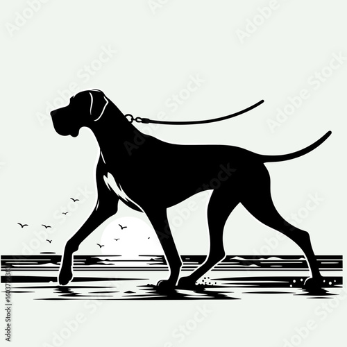 Great Dane Dog Walking on the beach. Retro Cartoon Clipart Silhouette Stock Vector Line Art Illustration. Huge hound stroll sand near ocean canine enjoyment at shoreline.