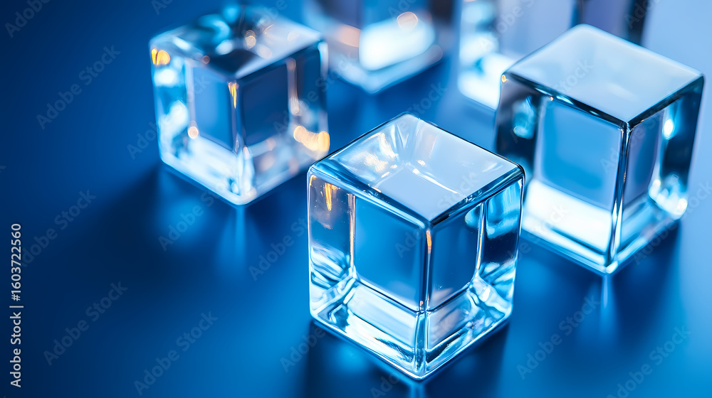 Obraz premium Clear Ice Cubes on a Blue Surface