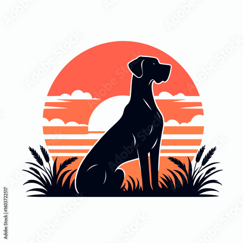 Great Dane Dog sunset. Retro Cartoon Clipart Silhouette Stock Vector Line Art Illustration. Large canine at sundown tranquil scenic view breed animal watching twilight.