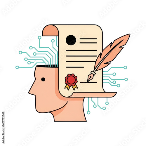 Intellectual property illustration with head and certificate being signed isolated PNG with Transparent Background