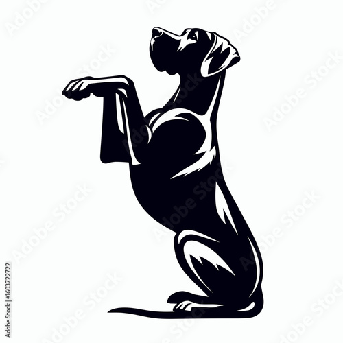 Great Dane Dog Proposal Pose. Retro Cartoon Clipart Silhouette Stock Vector Line Art Illustration. Large hound courtship stance idea big asking to marry pet canine.