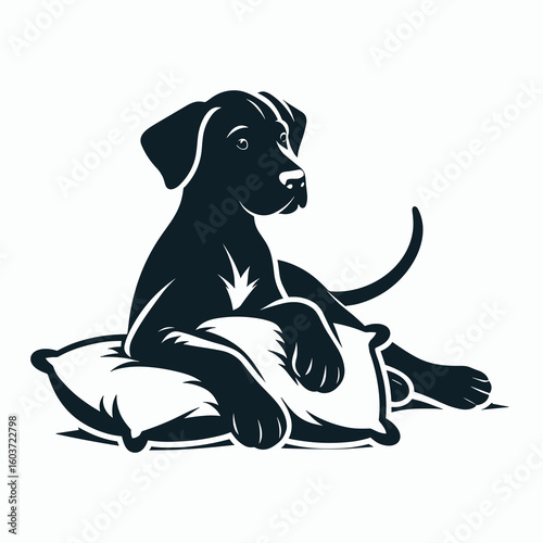 Great Dane Dog Playful Pillow. Retro Cartoon Clipart Silhouette Stock Vector Line Art Illustration. Giant canine joyful cushion fun toy for huge breed pet puppy comfort.