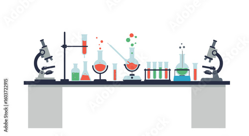 WellEquipped Chemistry Lab with Microscopes and Colorful Liquids.