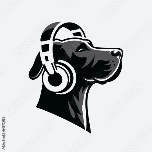 Great Dane Dog Listening to music. Retro Cartoon Clipart Silhouette Stock Vector Line Art Illustration. Big canine hearing audio through headset pooch enjoying tune at home.