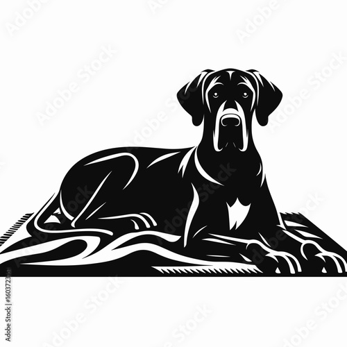 Great Dane Dog Laying on a Blanket. Retro Cartoon Clipart Silhouette Stock Vector Line Art Illustration. Huge hound resting cover large canine relaxing indoor pet comfort.