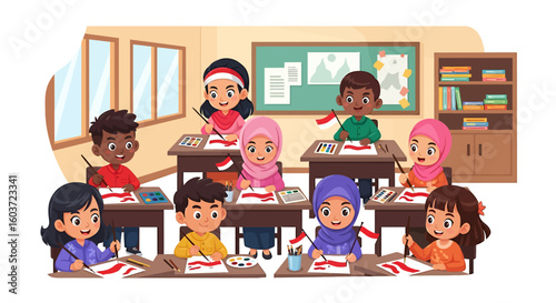 Diverse elementary school children engaged in art class, focused on painting and learning.