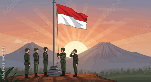 Indonesian soldiers raise their nation's flag at sunrise, a majestic mountain backdrop enhancing the patriotic scene.