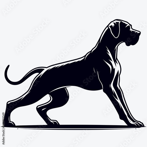 Great Dane Dog Exercising. Retro Cartoon Clipart Silhouette Stock Vector Line Art Illustration. Large hound workout guide keep your danish healthy and active.