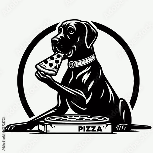 Great Dane Dog eat pizza. Retro Cartoon Clipart Silhouette Stock Vector Line Art Illustration. Large canine consume flatbread pie a meal habit concern for huge hound?.