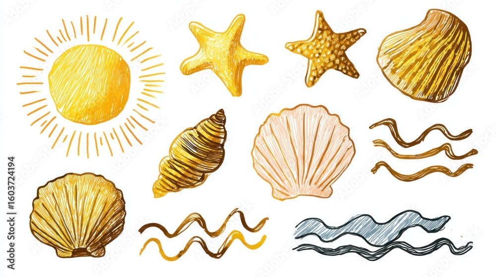 Obraz premium Hand-drawn seashells, sun, and waves