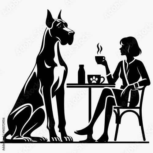 Great Dane Dog Casual Coffee Date. Retro Cartoon Clipart Silhouette Stock Vector Line Art Illustration. Big hound easygoing meet beverage time.