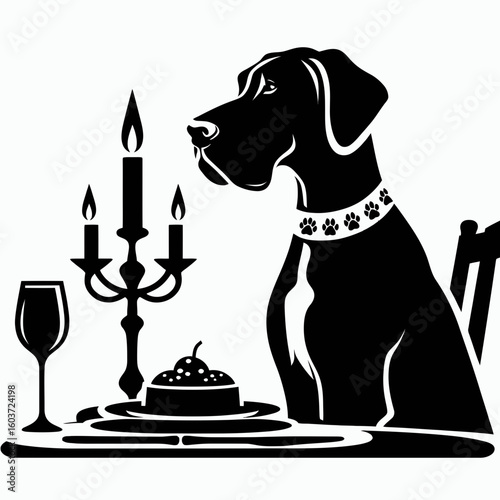 Great Dane Dog Candlelit Dinner. Retro Cartoon Clipart Silhouette Stock Vector Line Art Illustration. Huge hound festive supper soft glow meal for canine.