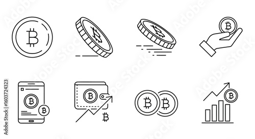 Bitcoin Cryptocurrency Icons Set - Vector Line Art
