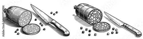 Salami and a knife are displayed in a vintage drawing. Food, charcuterie, knife, meat, meal, lunch, dinner, vintage, retro, cooking, kitchen, preparation.