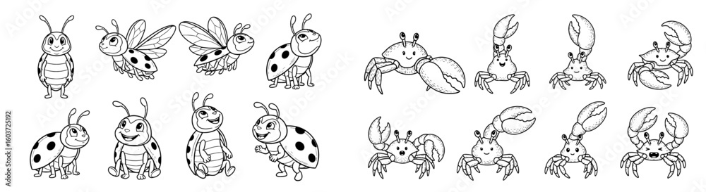 Obraz premium Cute bugs and crabs, cartoon illustrations. Fun, playful insects and crustaceans, comic characters.