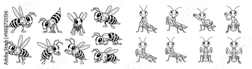 Cartoon wasps and praying mantises in various poses. Insects, character design, art, vector, illustration.
