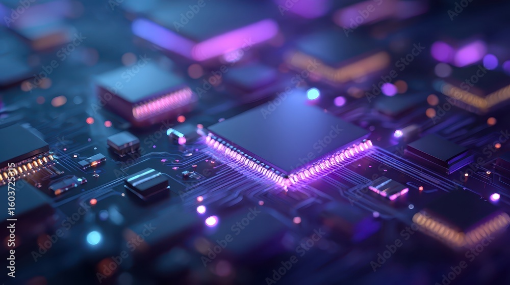 Obraz premium Close-up circuit board with glowing components