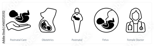 A set of 5 mix icons as postanatal care, obstetrics, postanatal