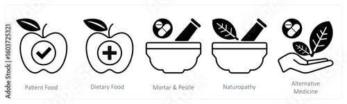 A set of 5 mix icons as patient food, dietary food, mortar and pestle