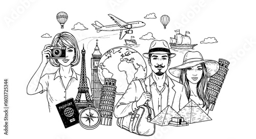 People plan travel destinations and take pictures. Vacation, world, tourism, adventure, passport, landmark, history, sight, global, journey.
