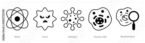 A set of 5 mix icons as atom, virus, infection