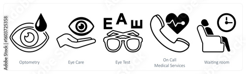 A set of 5 mix icons as optometry, eye care, eye test