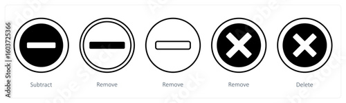 A set of 5 mix icons as subtract, remove, erase